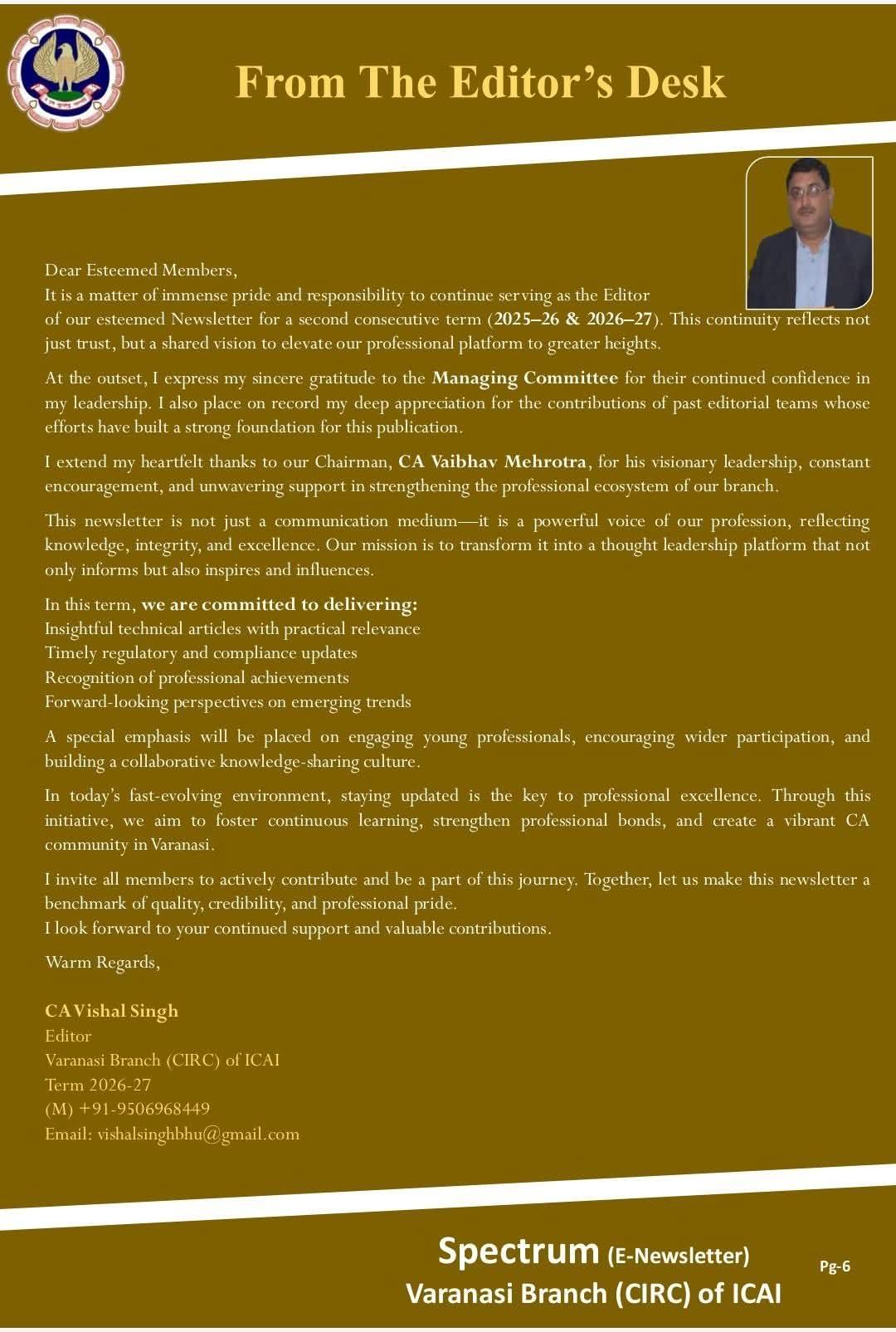 From the Editor's Desk newsletter page featuring CA Vishal Singh